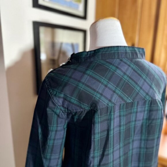 J. CREW Navy Green Blackwatch Tartan Plaid Crystal Buttons Blouse Shirt – 0 - Picture 9 of 11